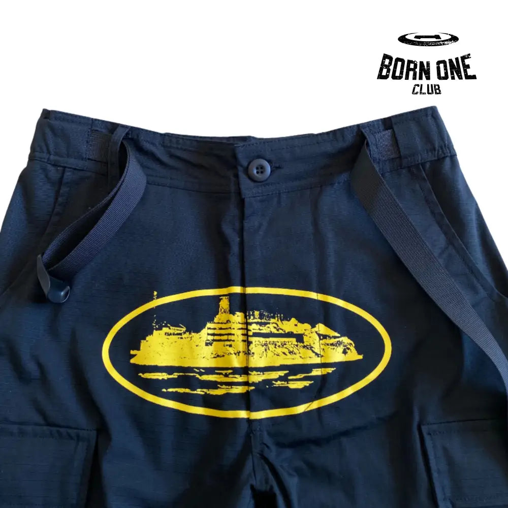 Calça Corteiz Black Yellow Logo Cargo