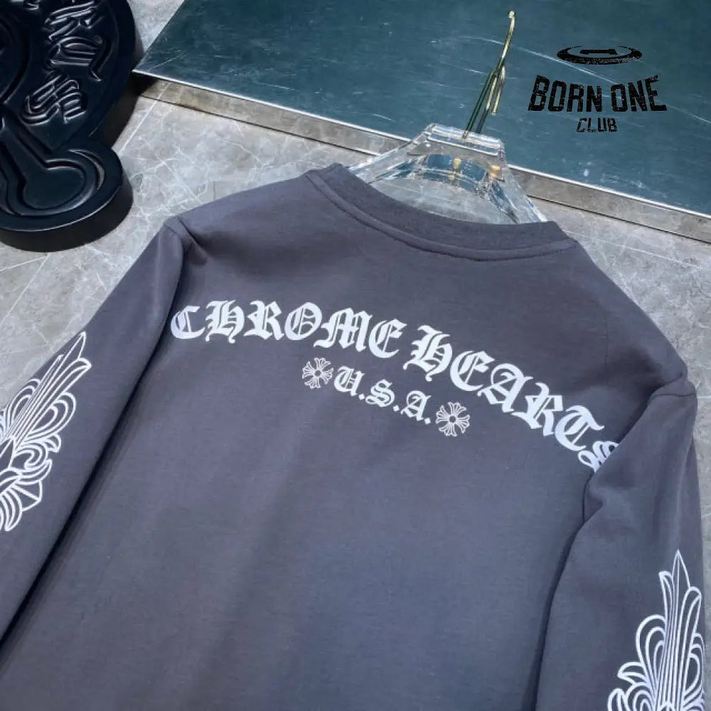 Chrome Heart Banner Logo Sweatshirt Grey Camiseta manga longa