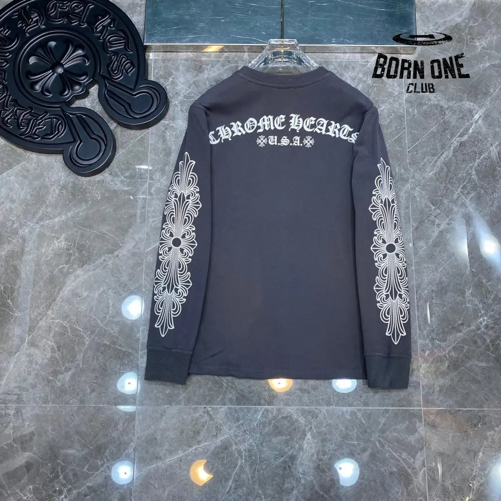 Chrome Heart Banner Logo Sweatshirt Grey Camiseta manga longa