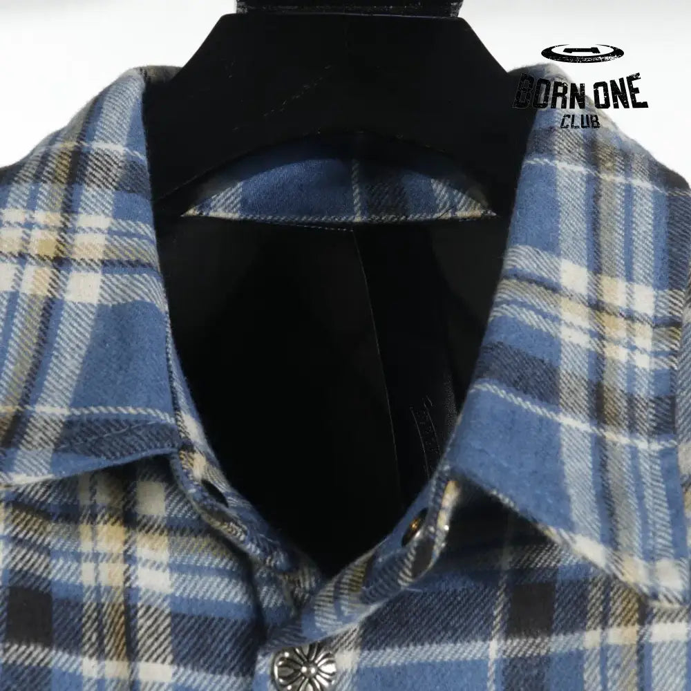 Chrome Heart Check Cotton Long Sleeve Shirt Blue Camiseta