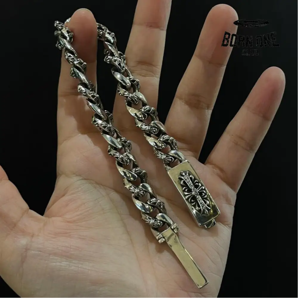 CHROME HEARTS Floral ID Fancy Chain Thin Bracelet Prata 925 Zircônia