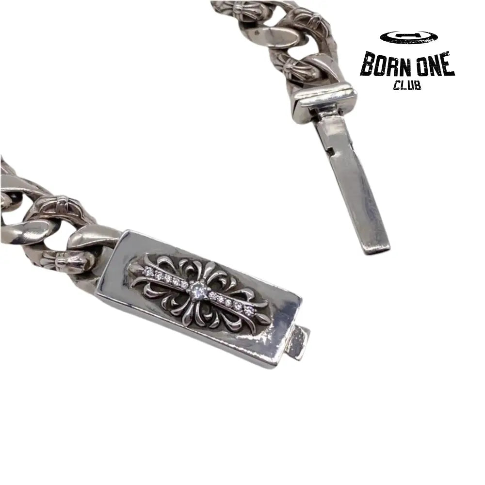 CHROME HEARTS Floral ID Fancy Chain Thin Bracelet Prata 925 Zircônia