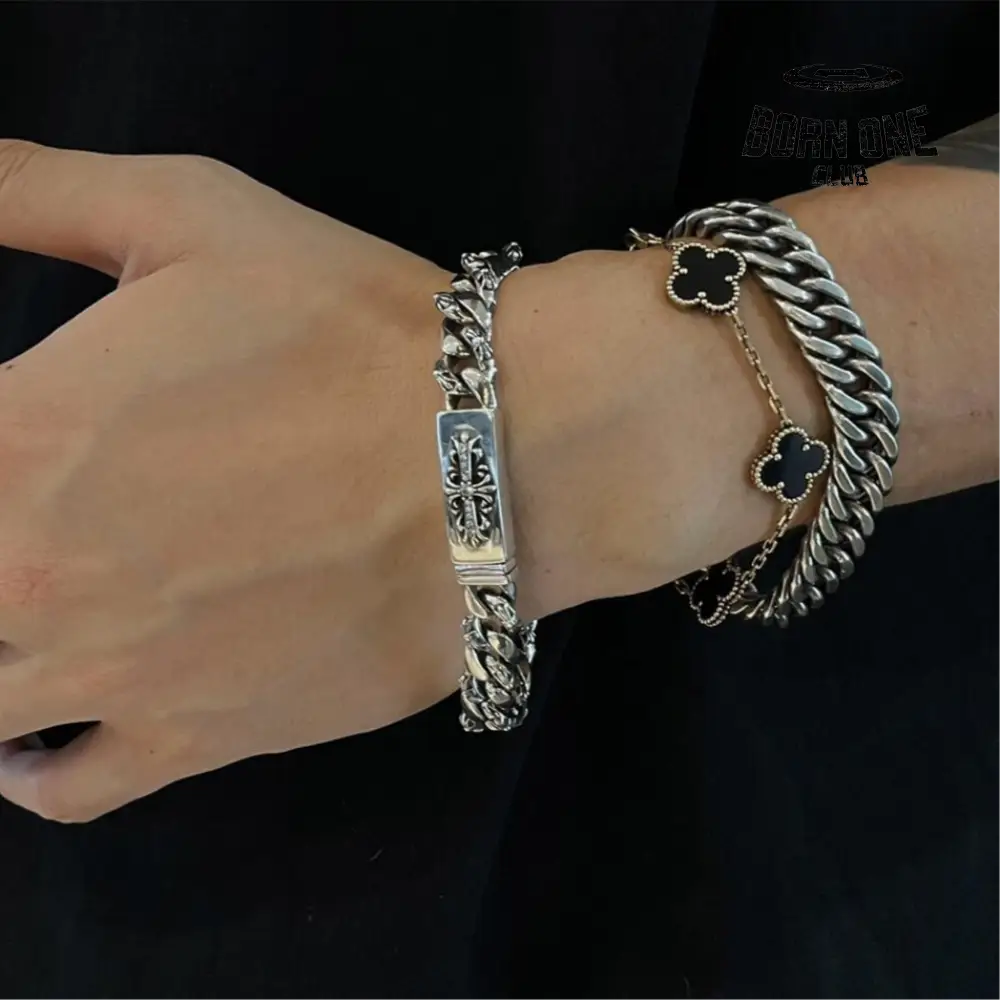 CHROME HEARTS Floral ID Fancy Chain Thin Bracelet Prata 925 Zircônia