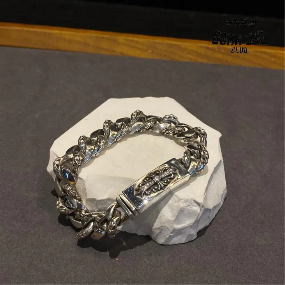 CHROME HEARTS Floral ID Fancy Chain Thin Bracelet Prata 925 Zircônia