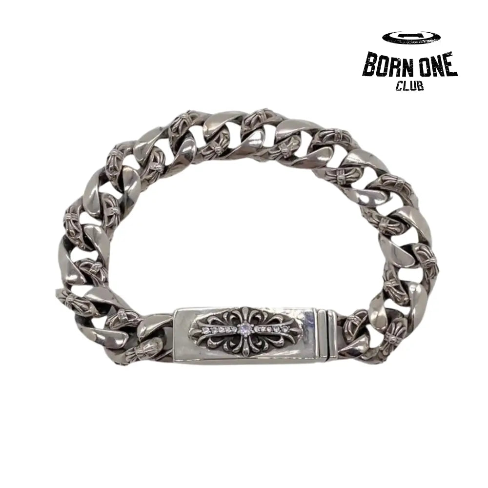 CHROME HEARTS Floral ID Fancy Chain Thin Bracelet Prata 925 Zircônia