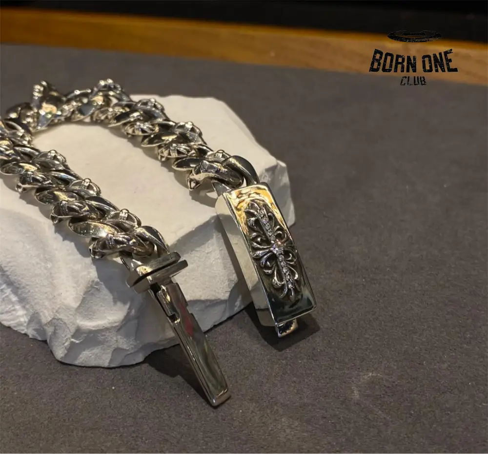CHROME HEARTS Floral ID Fancy Chain Thin Bracelet Prata 925 Zircônia