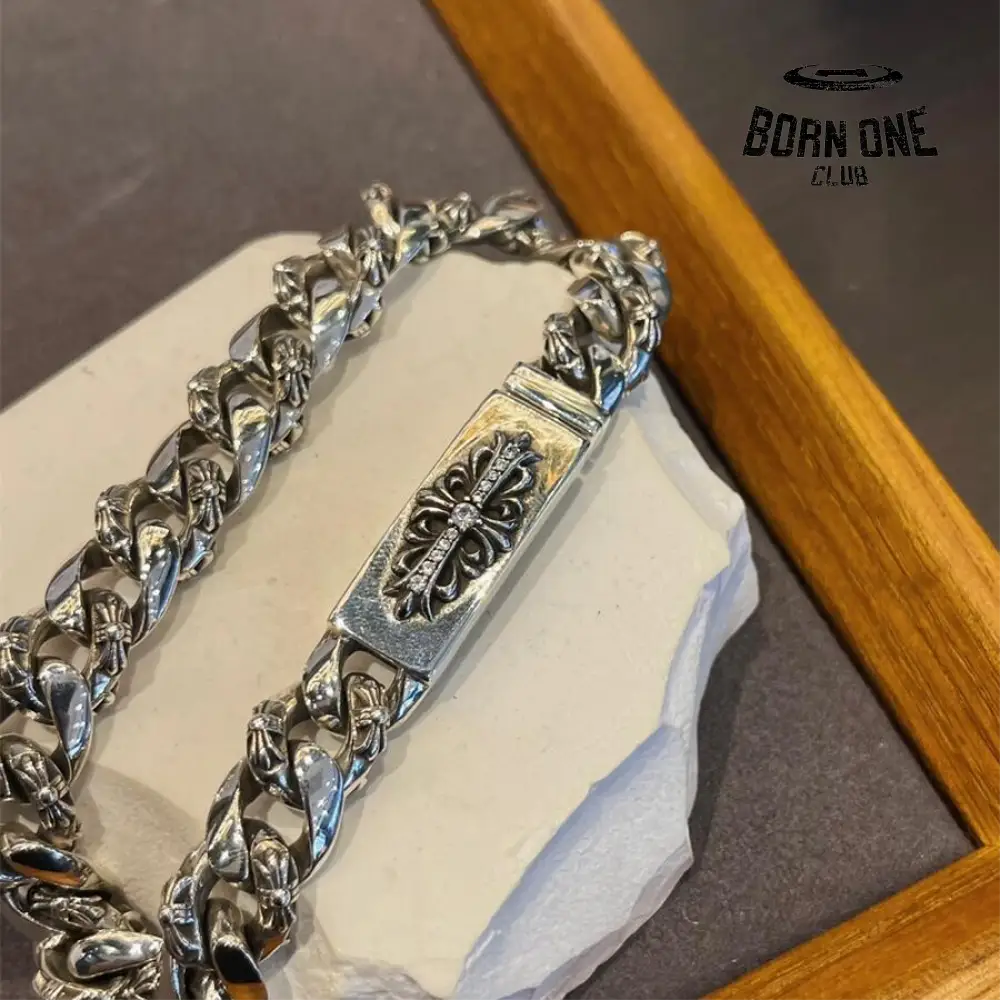 CHROME HEARTS Floral ID Fancy Chain Thin Bracelet Prata 925 Zircônia