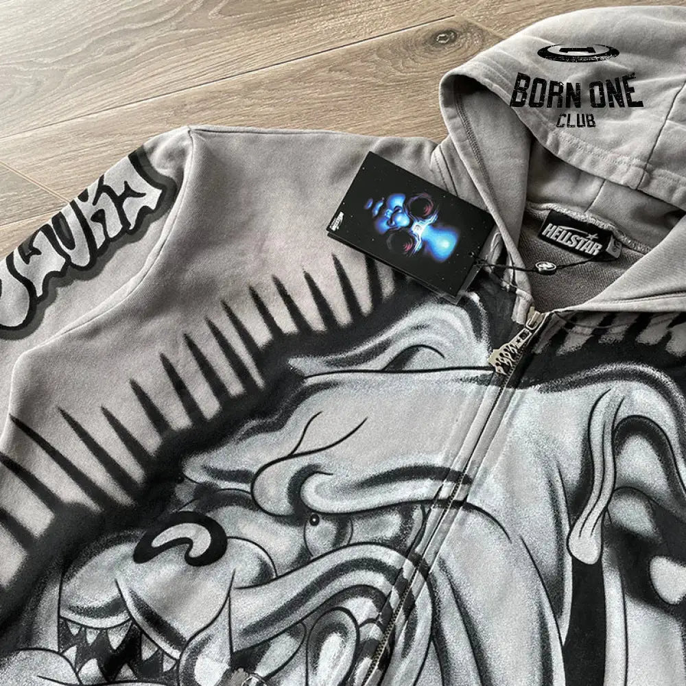 Hellstar Studios Bull Dog Grey Zip Up Hoodie Moletom