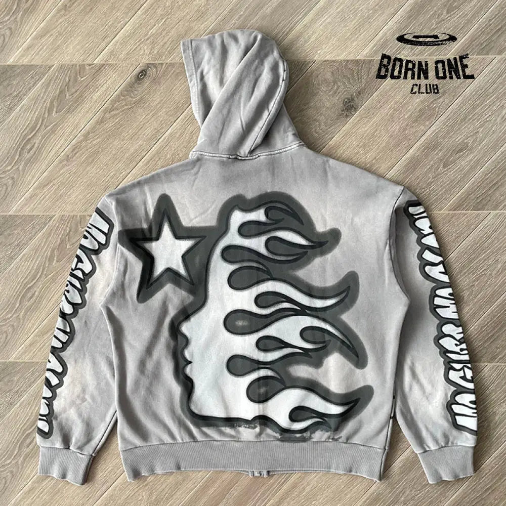 Hellstar Studios Bull Dog Grey Zip Up Hoodie Moletom