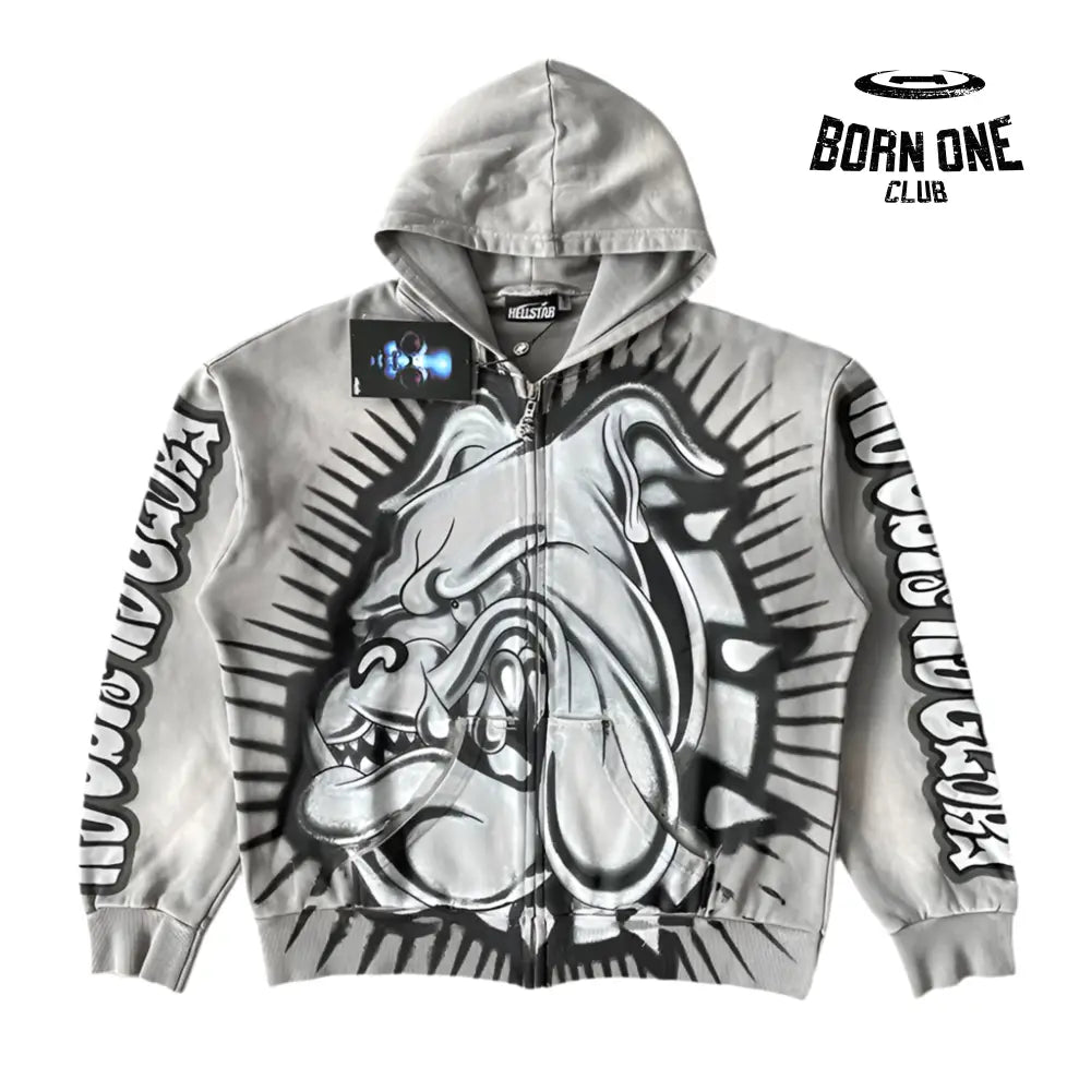 Hellstar Studios Bull Dog Grey Zip Up Hoodie Moletom