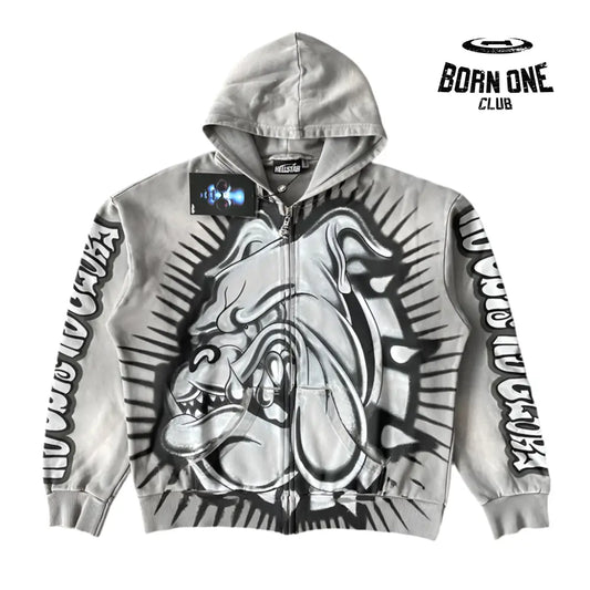 Hellstar Studios Bull Dog Grey Zip Up Hoodie Moletom