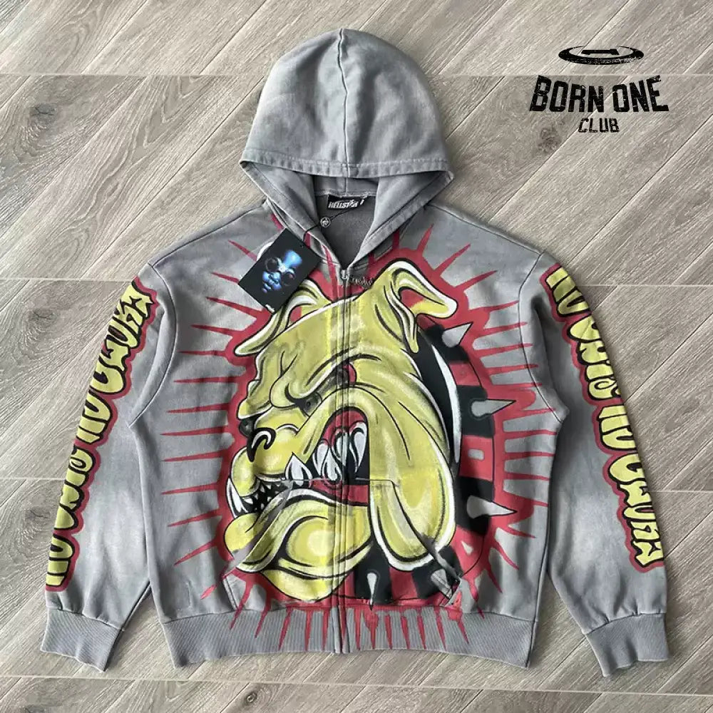 Hellstar Studios Bull Dog Yellow Zip Up Hoodie Jaqueta Moletom