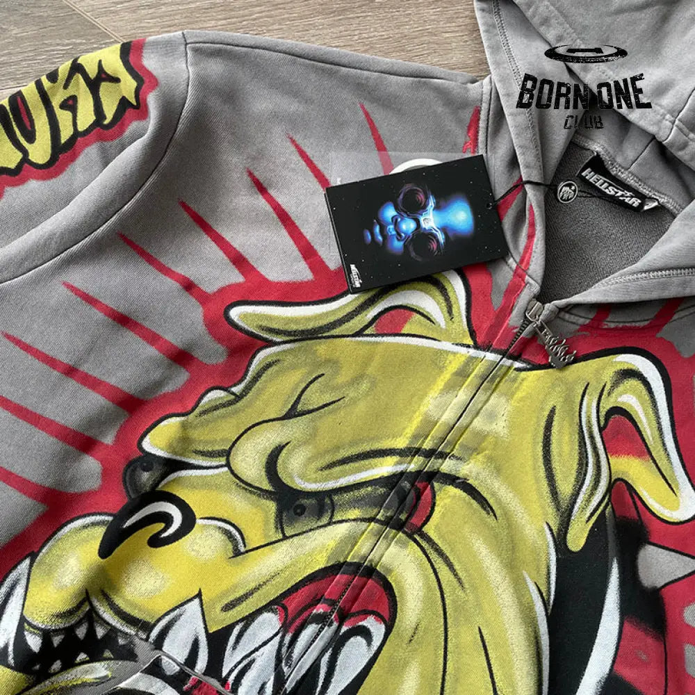 Hellstar Studios Bull Dog Yellow Zip Up Hoodie Jaqueta Moletom