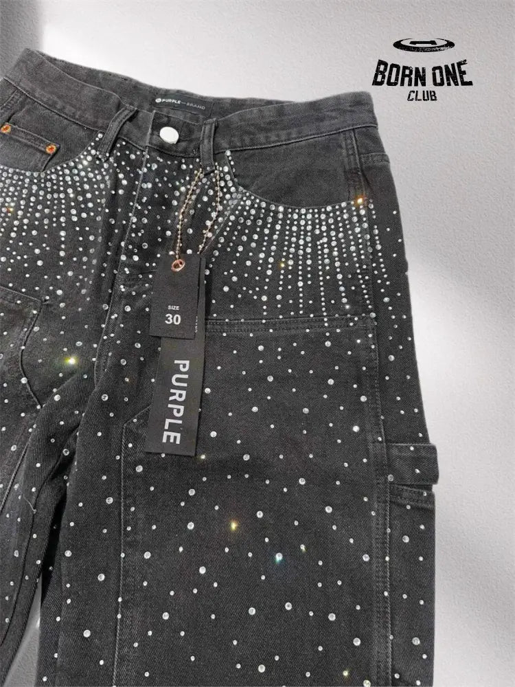 PURPLE BRΑND Rheinstone Pants Black Calça Jeans