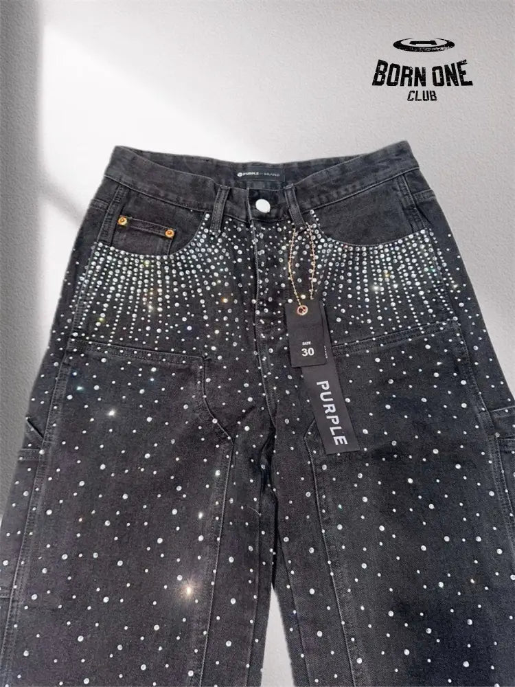 PURPLE BRΑND Rheinstone Pants Black Calça Jeans
