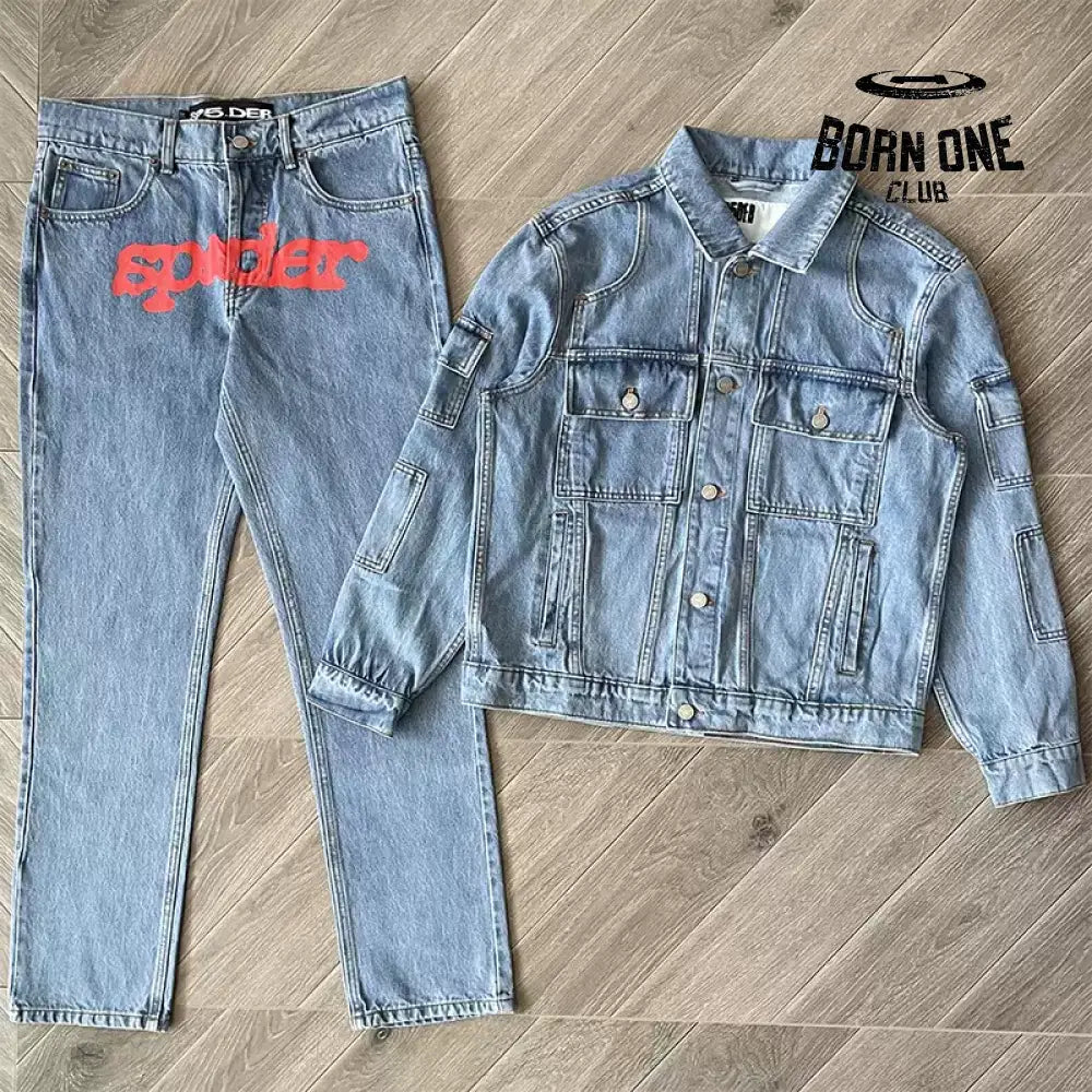 Spider denim jean jacket red logo Conjunto Jaqueta Calça