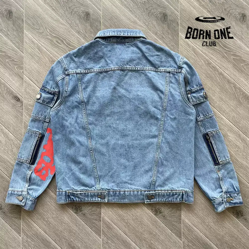 Spider denim jean jacket red logo Conjunto Jaqueta Calça