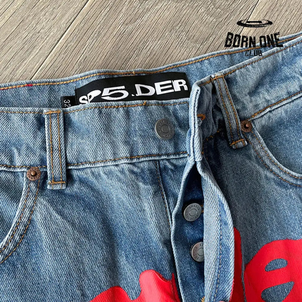 Spider denim jean jacket red logo Conjunto Jaqueta Calça