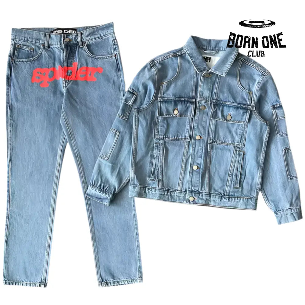 Spider denim jean jacket red logo Conjunto Jaqueta Calça