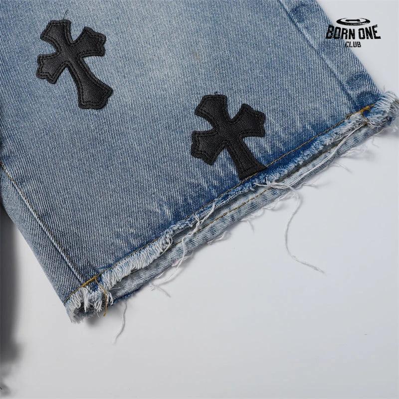 Bermuda Jeans Chrome Hearts Cross Patch Azul Médio