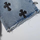 Bermuda Jeans Chrome Hearts Cross Patch Azul Médio