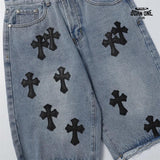 Bermuda Jeans Chrome Hearts Cross Patch Azul Médio