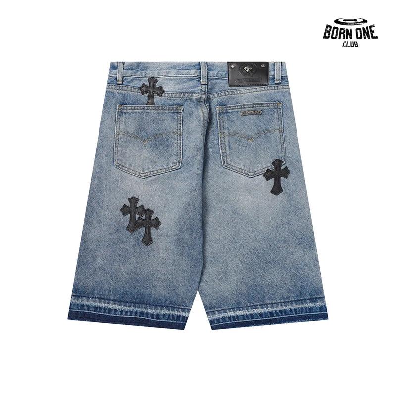 Bermuda Jeans Chrome Hearts Cross Patch Azul Claro