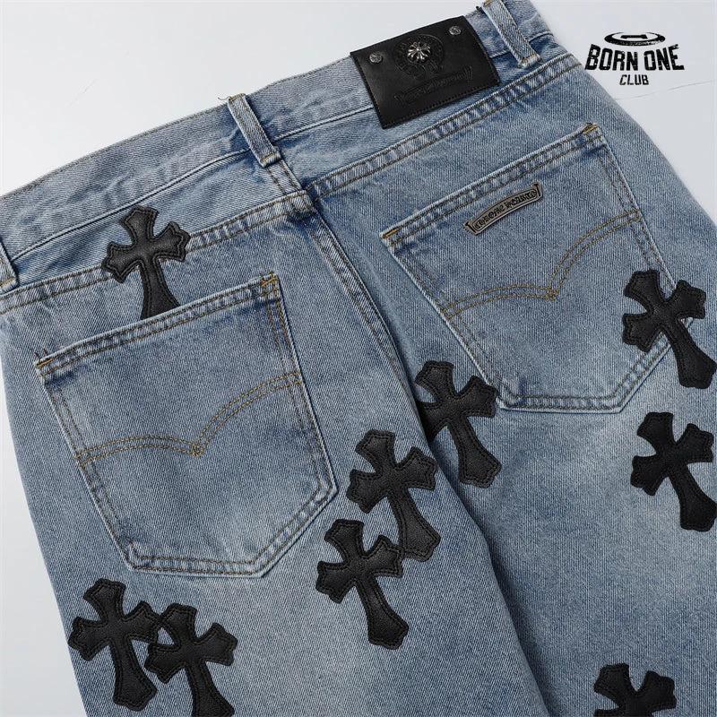 Bermuda Jeans Chrome Hearts Cross Patch Azul Médio