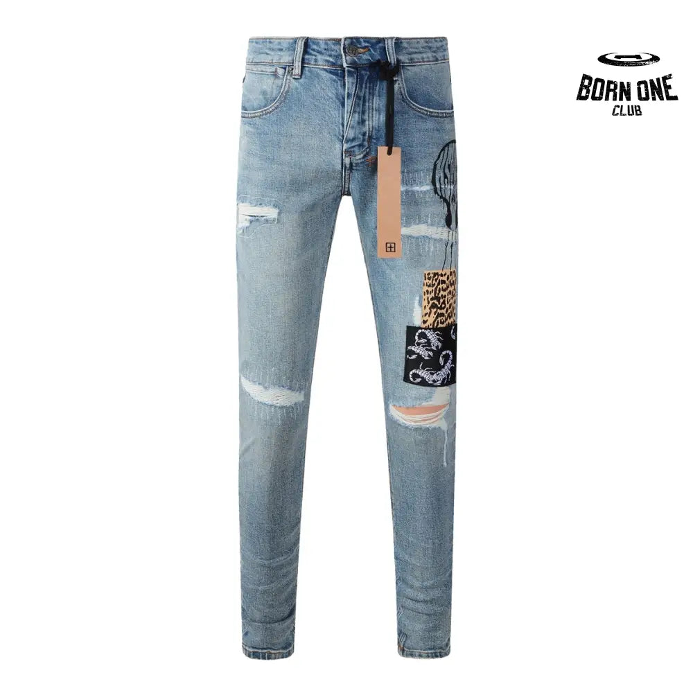 Calça Jeans Ksubi Azul Claro Patches Estampados