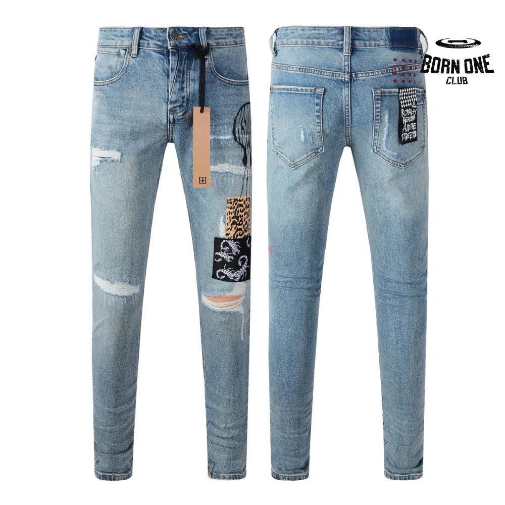 Calça Jeans Ksubi Azul Claro Patches Estampados