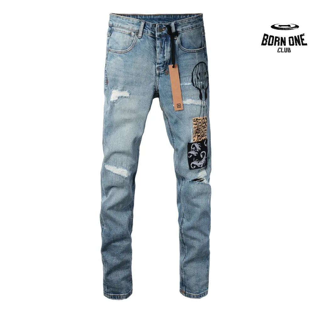 Calça Jeans Ksubi Azul Claro Patches Estampados