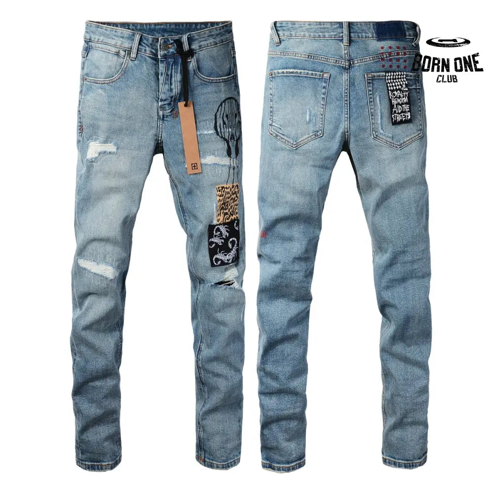 Calça Jeans Ksubi Azul Claro Patches Estampados