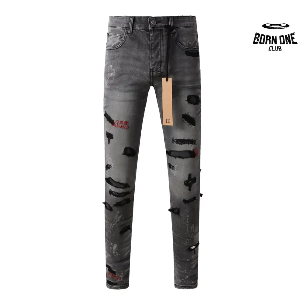 Calça Jeans Ksubi Cinza Patches Vermelhos