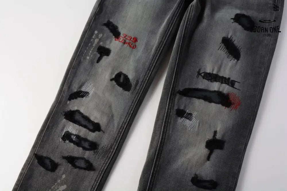 Calça Jeans Ksubi Cinza Patches Vermelhos