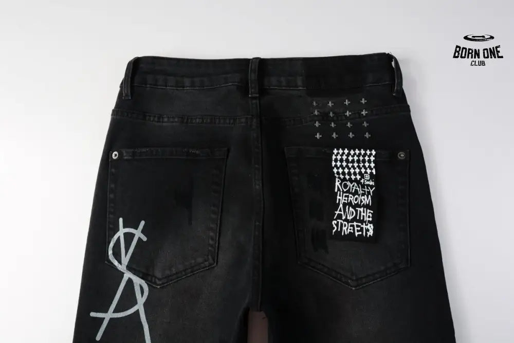 Calça Jeans Ksubi Preta Lavada Logo Pintado