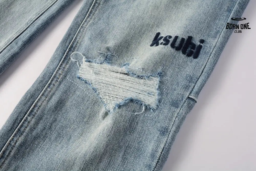 Calça Jeans Ksubi Azul Claro Destroyed Logo