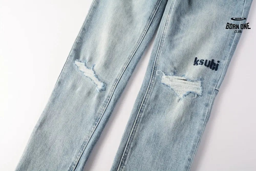 Calça Jeans Ksubi Azul Claro Destroyed Logo