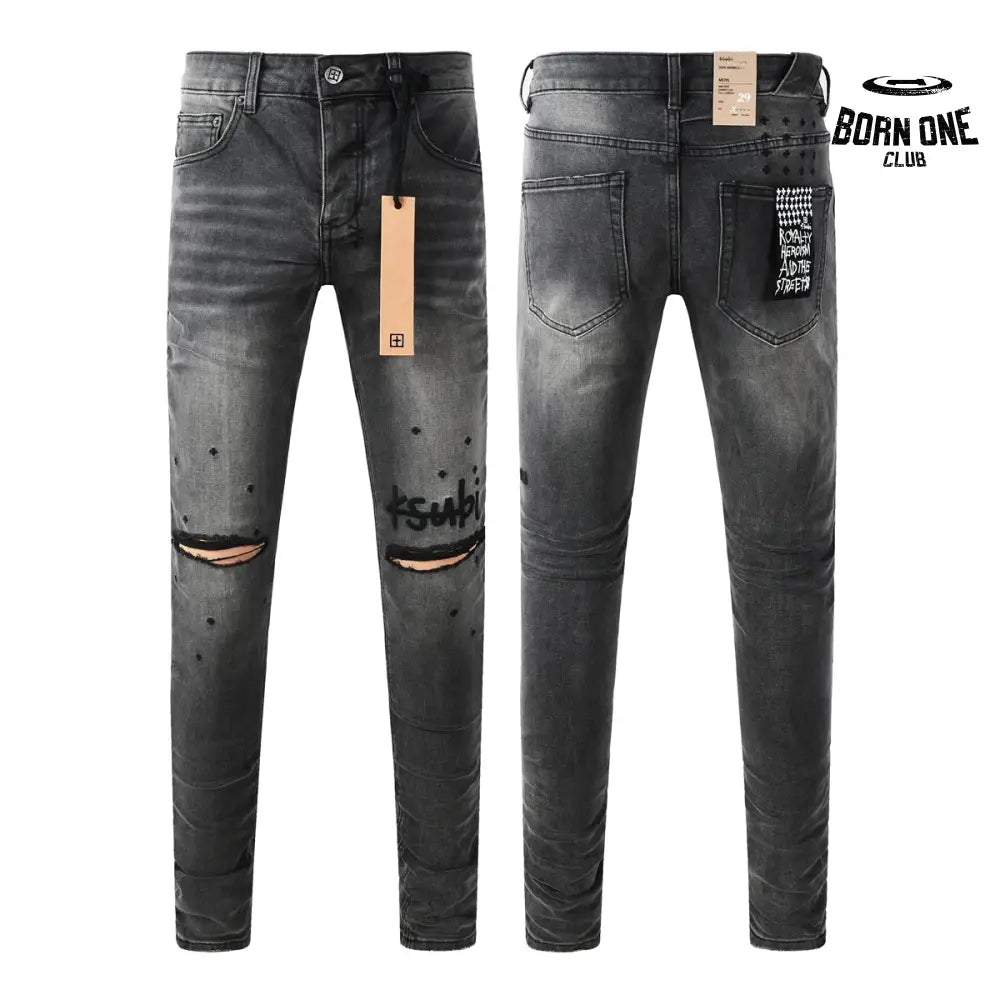Calça Jeans Ksubi Cinza Escura Destroyed Logo