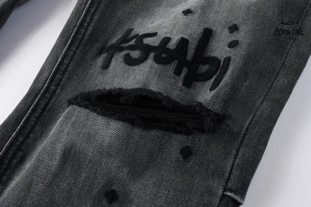 Calça Jeans Ksubi Cinza Escura Destroyed Logo