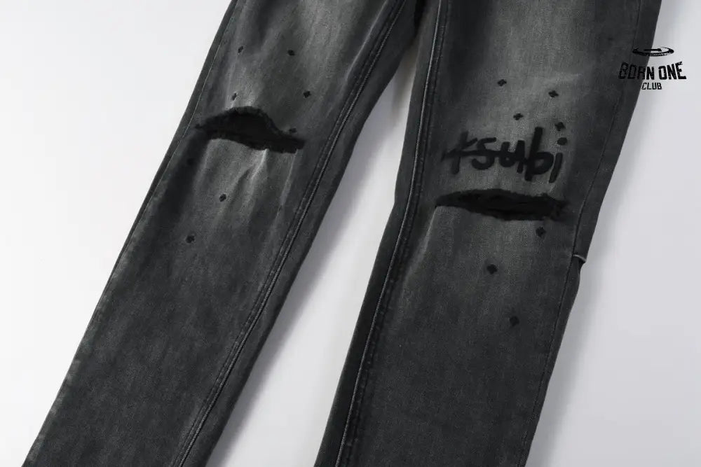 Calça Jeans Ksubi Cinza Escura Destroyed Logo
