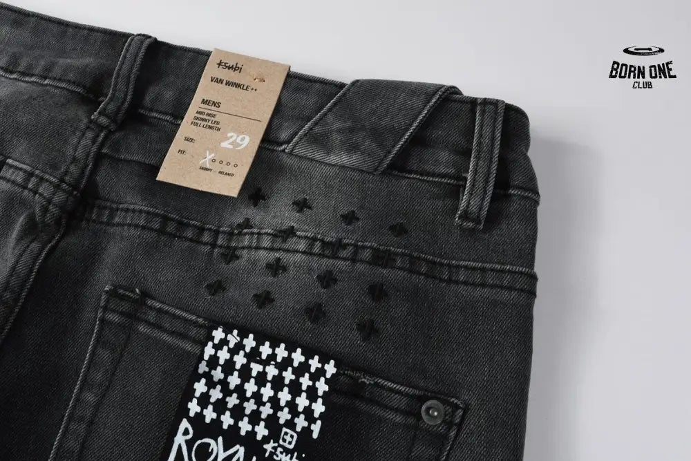 Calça Jeans Ksubi Cinza Escura Destroyed Logo