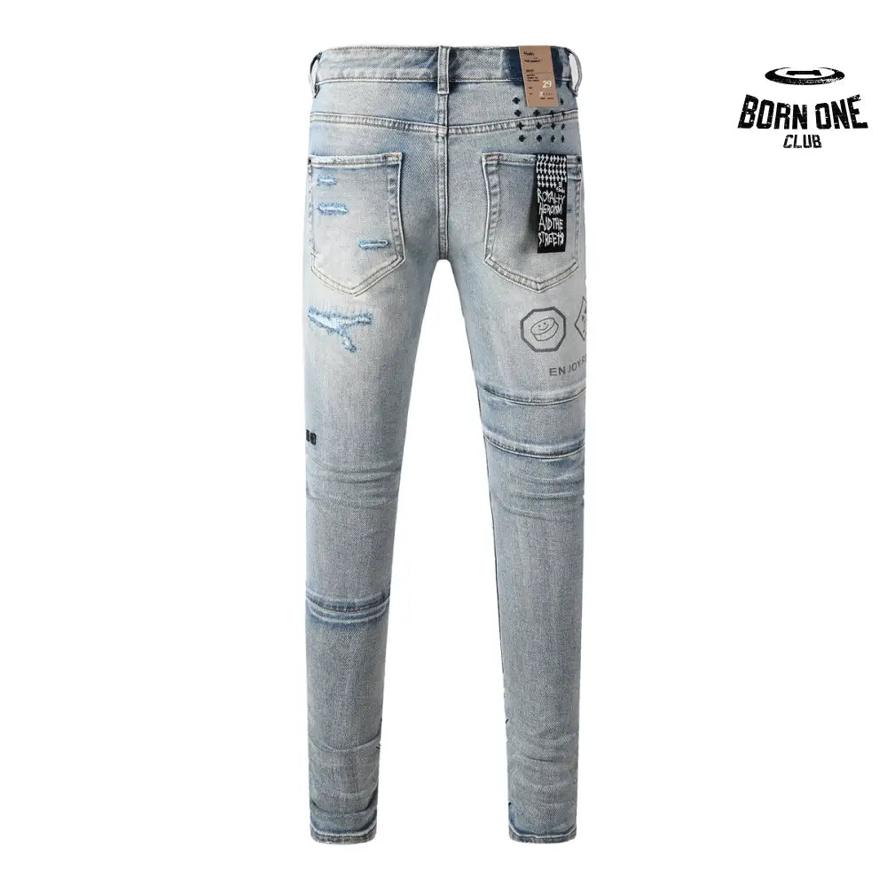Calça Jeans Ksubi Azul Claro Patches Retangulares
