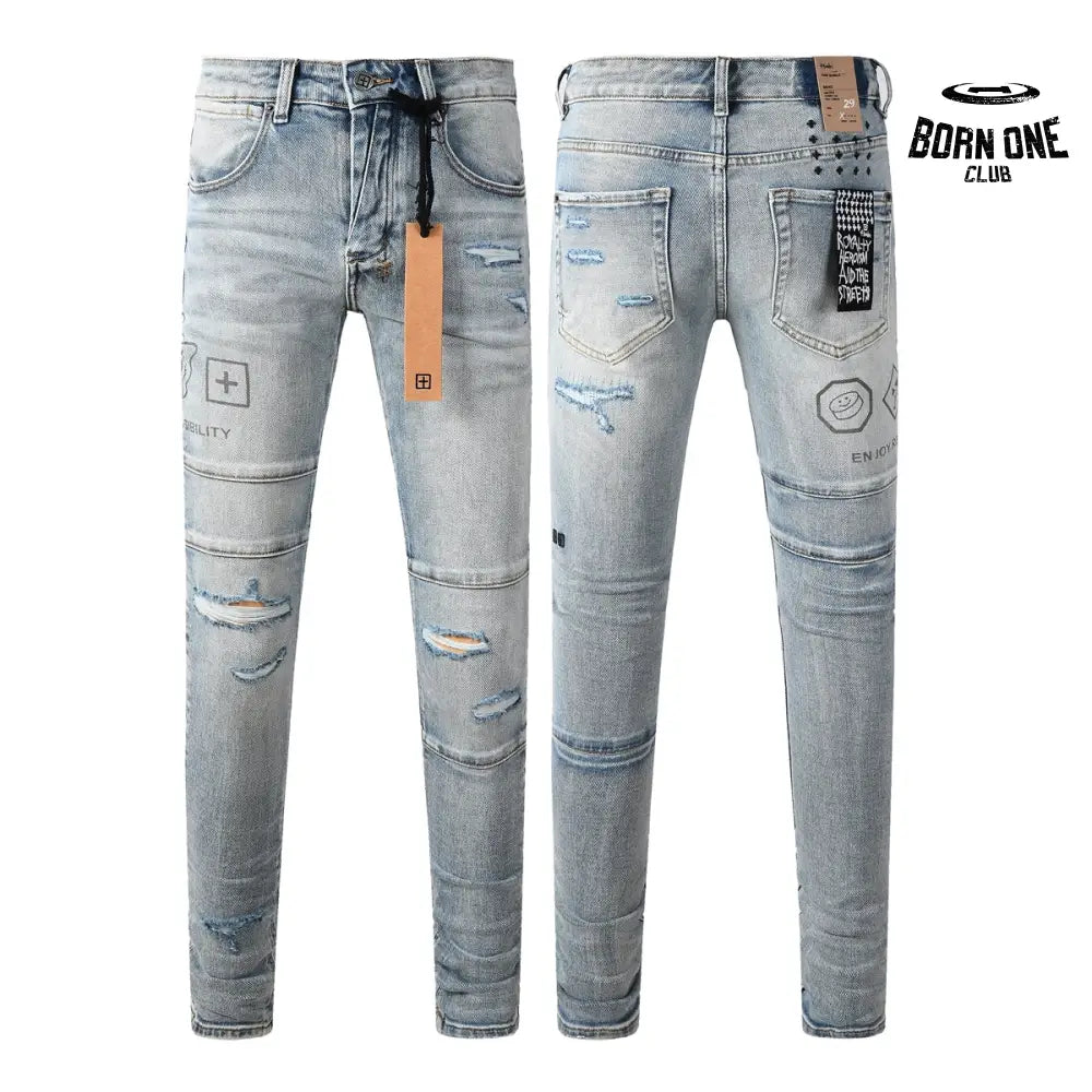 Calça Jeans Ksubi Azul Claro Patches Retangulares