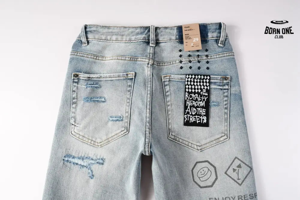 Calça Jeans Ksubi Azul Claro Patches Retangulares
