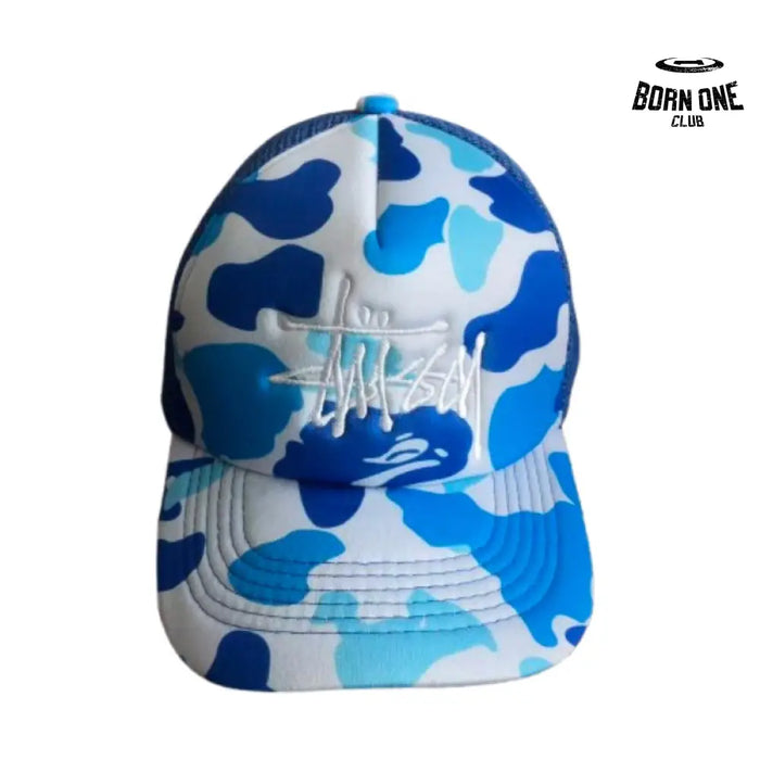Boné BAPE x Stussy Trucker Blue