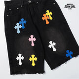 Bermuda Jeans Chrome Hearts Cross Colorida Preta
