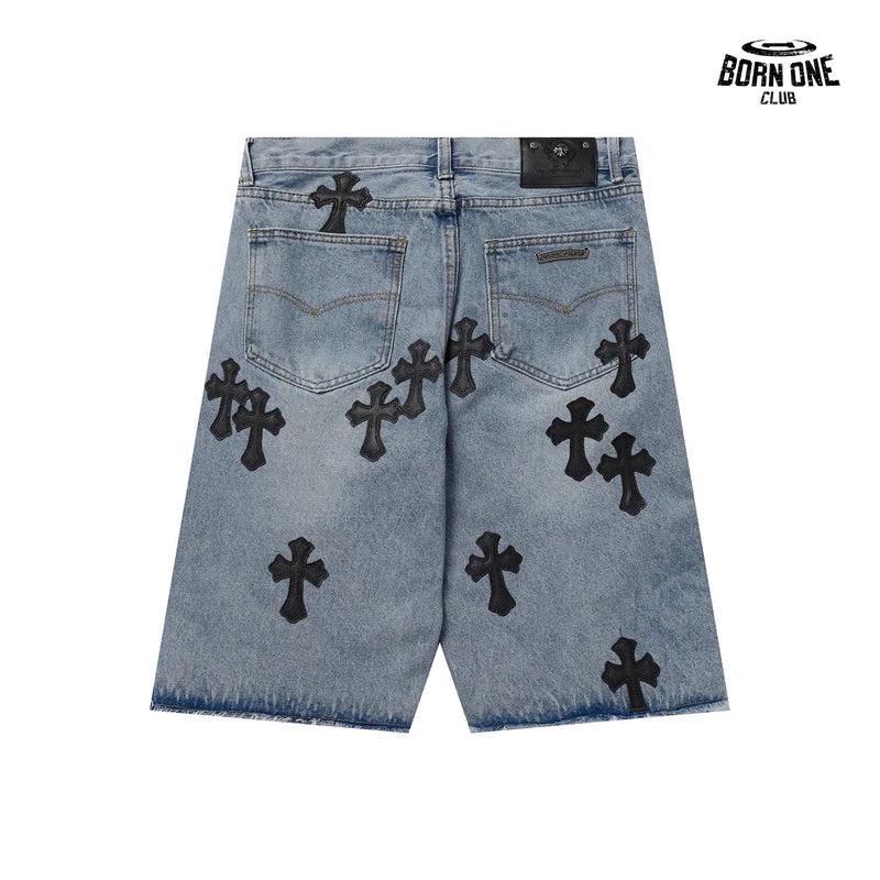 Bermuda Jeans Chrome Hearts Cross Patch Azul Médio