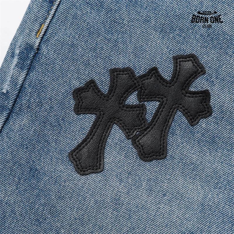 Bermuda Jeans Chrome Hearts Cross Patch Azul Claro