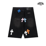 Bermuda Jeans Chrome Hearts Cross Colorida Preta