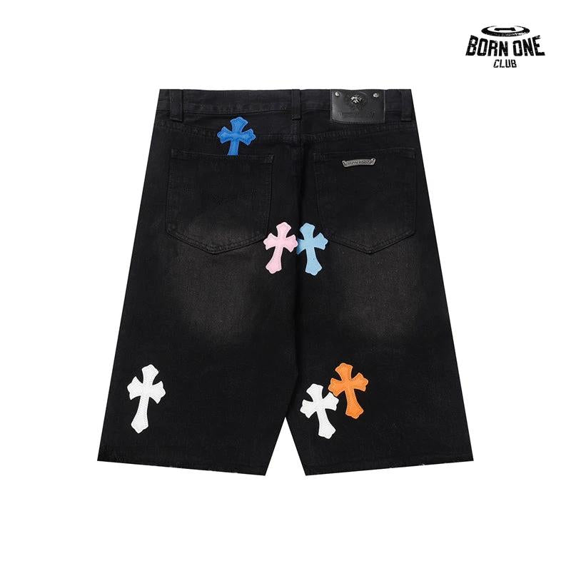 Bermuda Jeans Chrome Hearts Cross Colorida Preta
